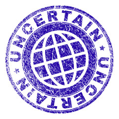 UNCERTAIN stamp imprint with distress texture. Blue vector rubber seal imprint of UNCERTAIN caption with retro texture. Seal has words placed by circle and globe symbol.