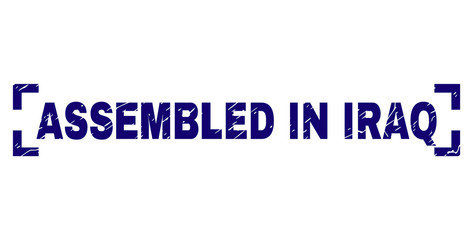ASSEMBLED IN IRAQ title seal watermark with corroded texture. Text title is placed inside corners. Blue vector rubber print of ASSEMBLED IN IRAQ with dirty texture.