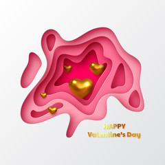 Valentines day holiday design. Paper cut style layered background with metallic golden hearts and greeting text. Vector.