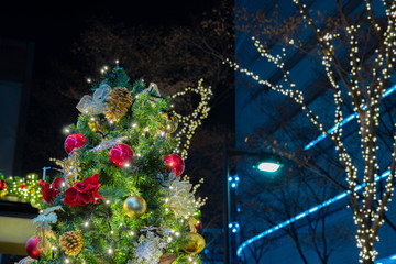 クリスマスツリーと夜の街並み　クリスマスイメージ　
