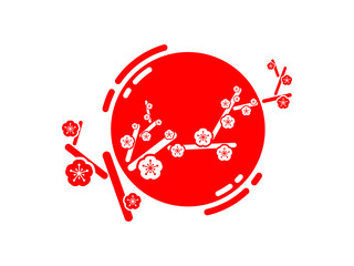 Sakura. Branch of cherry flowers and sun in red on a white background. Flat vector illustration.