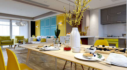 3d render modern colorful home interior