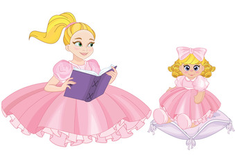Happy little Girl and her Doll reading book