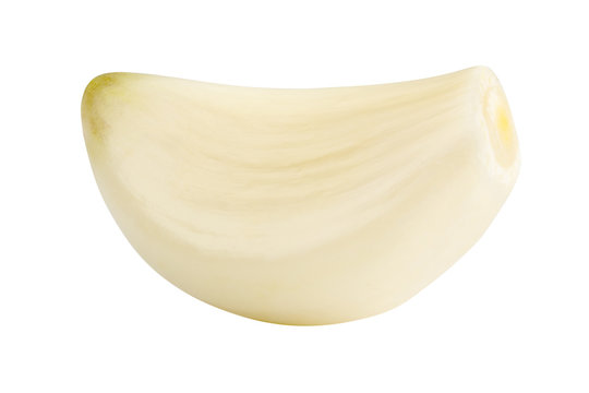 peeled one clove of garlic isolated on white background, closeup