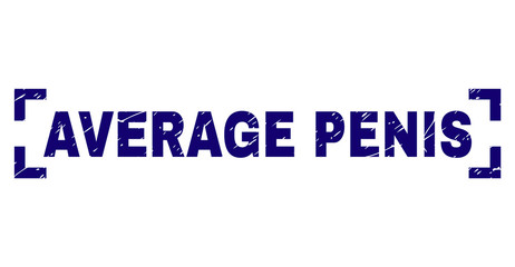 AVERAGE PENIS label seal watermark with distress texture. Text label is placed inside corners. Blue vector rubber print of AVERAGE PENIS with dirty texture.