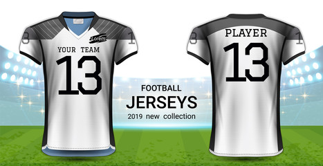 American Football or Soccer Jerseys Uniforms, Realistic Graphic Design Front and Back View for Presentation Mockup Template, Easy Possibility to Apply Your Artwork, Text, Image, Logo (Eps10 Vector)