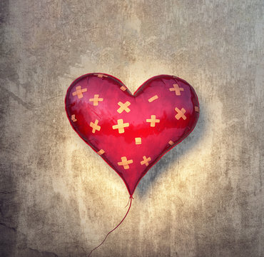 Red balloon in shape of a heart with medic patches on grungy vintage wall Valentines background 3D Rendering