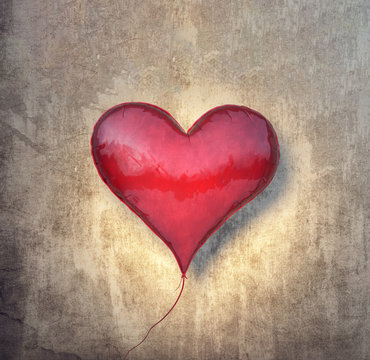 Red balloon in shape of a heart with grungy vintage wall Valentines background 3D Rendering