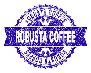 ROBUSTA COFFEE rosette stamp seal overlay with grunge style. Designed with round rosette, ribbon and small crowns. Blue vector rubber watermark of ROBUSTA COFFEE label with corroded style.