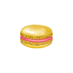 Beige macaron with red filling. Hand drawn watercolor illustration. Isolated on white background.