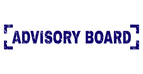 ADVISORY BOARD label seal print with corroded texture. Text label is placed between corners. Blue vector rubber print of ADVISORY BOARD with dirty texture.