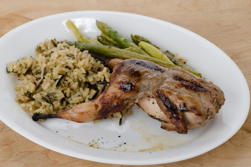 Grilled Quail on Bed of Rice with Asparagus