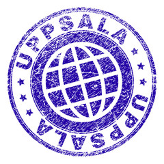 UPPSALA stamp watermark with grunge texture. Blue vector rubber seal imprint of UPPSALA caption with grunge texture. Seal has words arranged by circle and globe symbol.