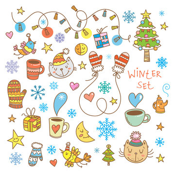 Winter doodle set with cute cartoon cats, birds and snowflakes on white  background. Snowy weather. Funny kittens. Animals  in clothes. Vector image. Children's illustration.