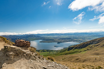 Backpack hike with lake view