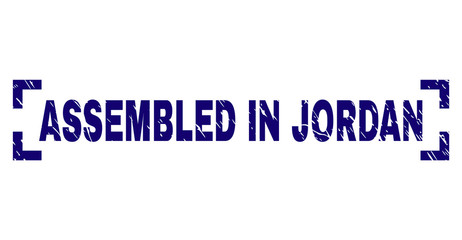 ASSEMBLED IN JORDAN label seal print with distress effect. Text label is placed between corners. Blue vector rubber print of ASSEMBLED IN JORDAN with dust texture.