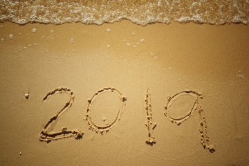 Happy New year 2019 with the waves beat at the beach and shell fragments.
