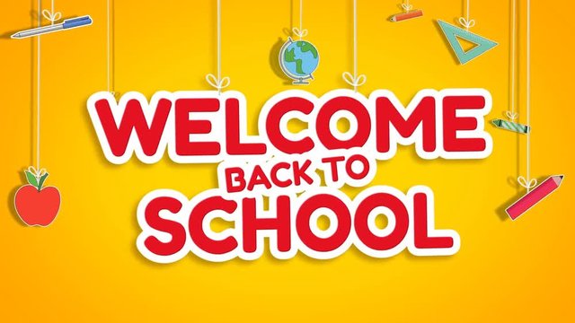Welcome Back to School in Yellow is a very fun text animation with a yellow background with lots of action and elementary school objects hanging from strings
