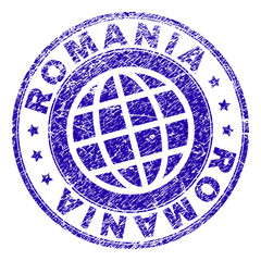 ROMANIA stamp print with grunge texture. Blue vector rubber seal print of ROMANIA tag with corroded texture. Seal has words placed by circle and globe symbol.
