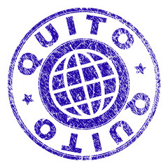 QUITO stamp print with grunge texture. Blue vector rubber seal print of QUITO title with unclean texture. Seal has words arranged by circle and planet symbol.