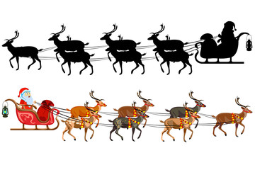 Santa Claus on a sleigh with reindeer, with a handful of gifts. Silhouette of santa claus.