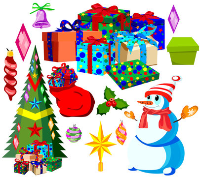 Set for happy Christmas and new year, cartoon icons and illustrations
