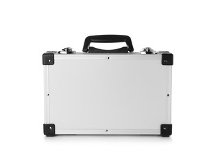 Closed modern silver suitcase on white background