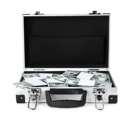 Open suitcase full of money on white background
