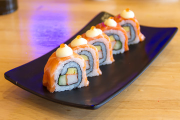 Sushi roll on dish