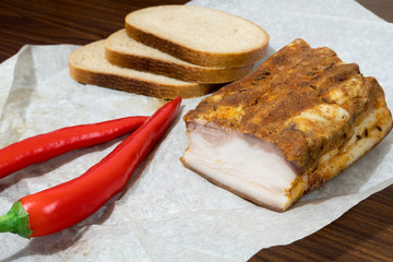 English bacon with hot pepper and bread on Kraft paper