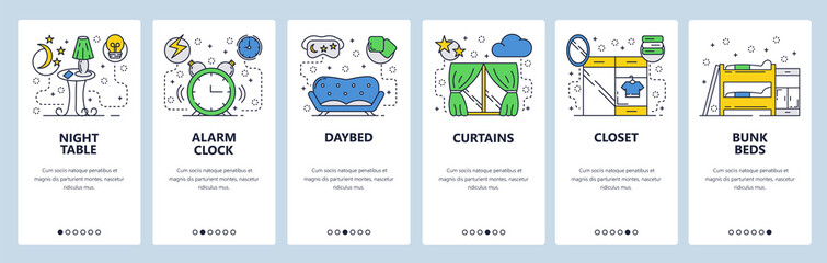 Naklejka premium Web site onboarding screens. Room interior, sofa, curtains, bed and closet. Menu vector banner template for website and mobile app development. Modern design linear art flat illustration.