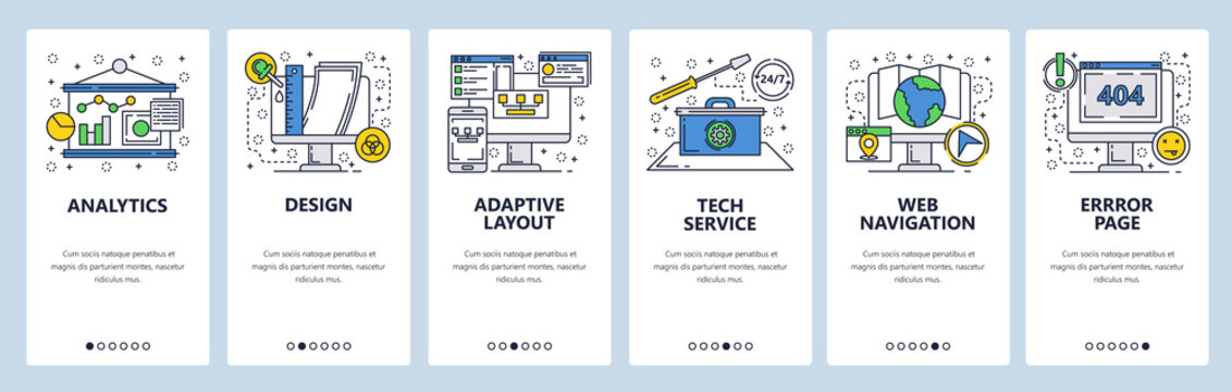 Web site onboarding screens. Computer tech service, error page, adaptive layout. Menu vector banner template for website and mobile app development. Modern design linear art flat illustration.