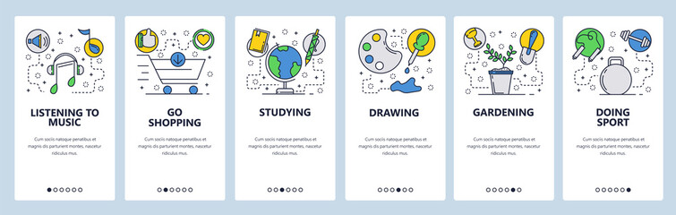 Web site onboarding screens. Leisure time, music, shopping, drawing, sport. Menu vector banner template for website and mobile app development. Modern design linear art flat illustration.