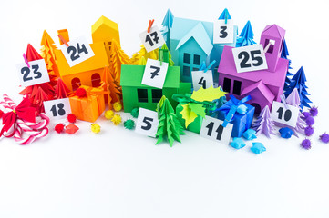 Advent calendar for kids rainbow color. House and Christmas tree paper craft.