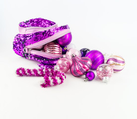 Decorations for the Christmas tree from a backpack on a white background.