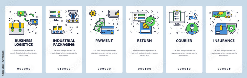 Poster Web site onboarding screens. Business logistics, packaging and delivery. Menu vector banner template for website and mobile app development. Modern design linear art flat illustration.