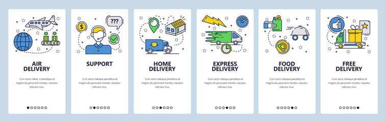 Web site onboarding screens. Home express and air delivery. Menu vector banner template for website and mobile app development. Modern design linear art flat illustration.