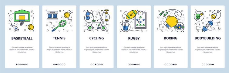 Obraz premium Web site onboarding screens. Sport icons. Basketball, tennis, cycling, rugby, boxing. Menu vector banner template for website and mobile app development. Modern design linear art flat illustration.