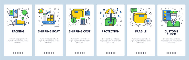 Web site onboarding screens. Worldwide delivery, cargo ship and custom. Menu vector banner template for website and mobile app development. Modern design linear art flat illustration. - obrazy, fototapety, plakaty