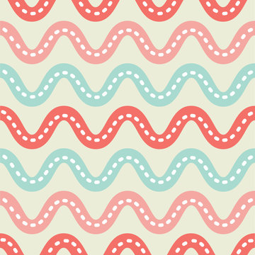 Energetic wavy stripes in coral, peach and turquoise on a light background. Seamless vector pattern, perfect for home decor, textiles, fashion, birthday party decorations and invitations and paper.