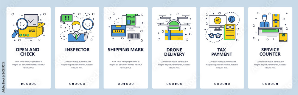 Aufkleber web site onboarding screens. delivery and shipping service. post office. menu vector banner template