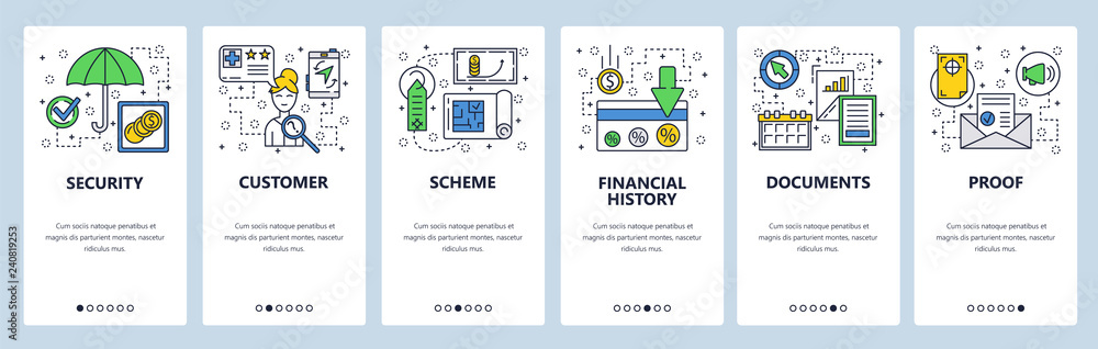 Aufkleber web site onboarding screens. loan interest rate, customer review. menu vector banner template for we