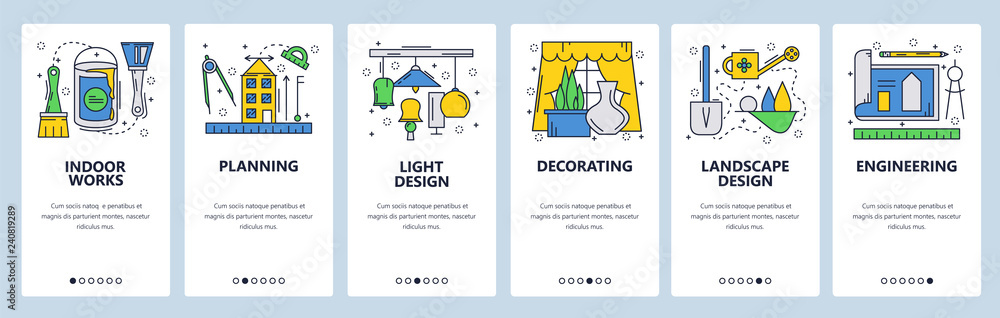 Poster web site onboarding screens. house construction plan, building decoration and repair. menu vector ba