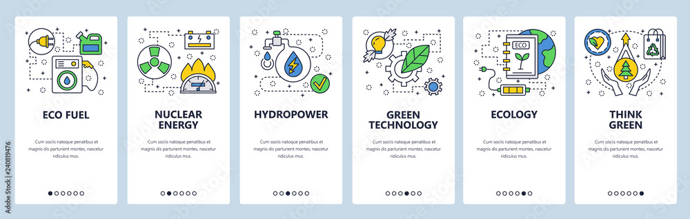 Wall mural web site onboarding screens. ecology and green energy technology. menu vector banner template for we