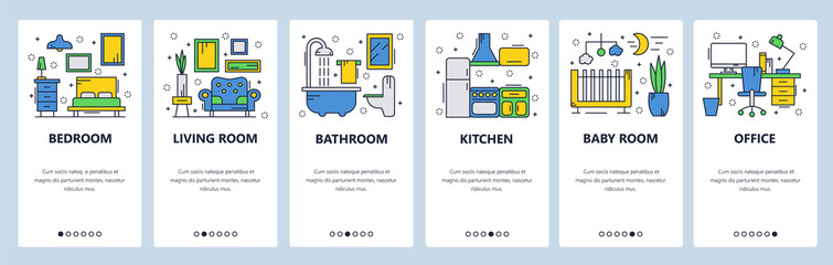 Web site onboarding screens. House interior, bedroom, living room, bathroom. Menu vector banner template for website and mobile app development. Modern design linear art flat illustration.