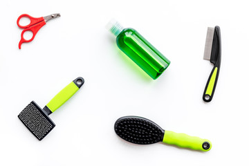 Pet care and training on white background top view