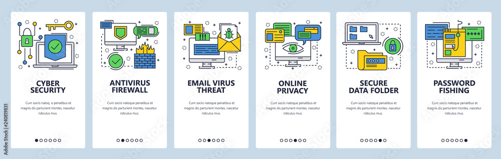 Aufkleber web site onboarding screens. cyber security, antivirus and firewall protection, secure access, priva