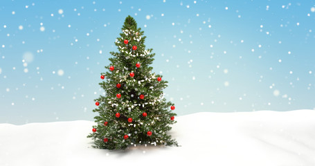 Fototapeta na wymiar Christmas tree fir with baubles snowflakes background 3d-illustration
