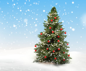 Christmas tree fir with baubles next to christmas presents with snowflakes 3d-illustration