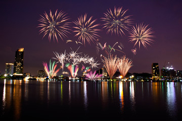 Obraz premium Colorful of fireworks in Happy New Year 2019 holiday festival